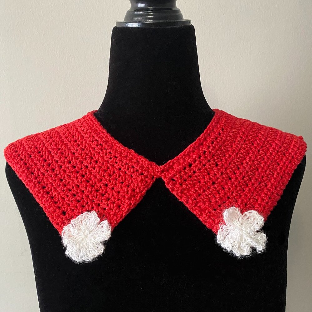 Handmade Crochet Red White Cotton Mohair Holiday Collar Neckwear Accessory